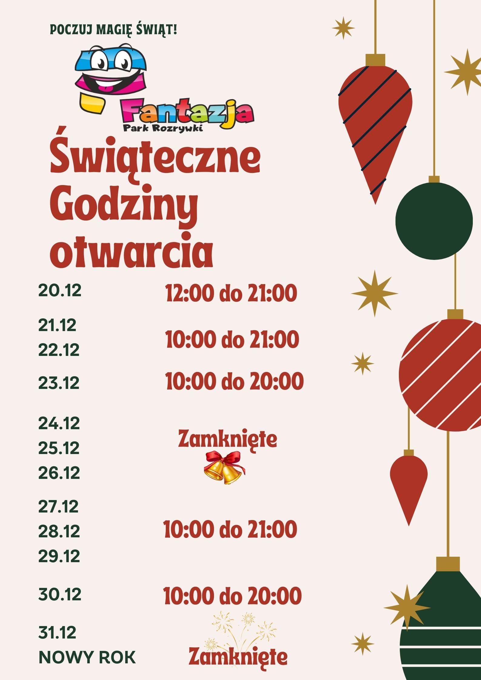 Świąteczne godziny otwarcia Parku Fantazja